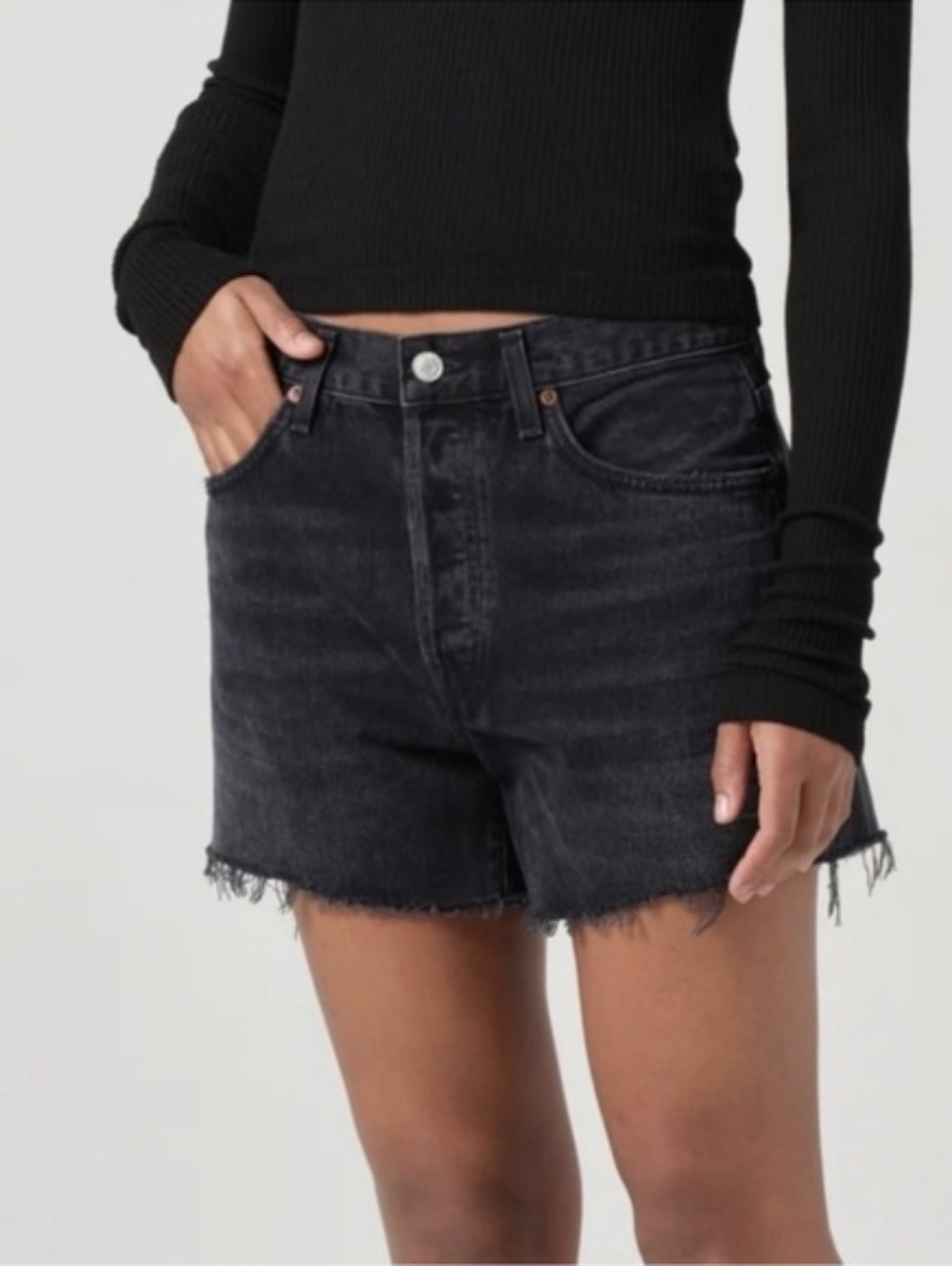 AGOLDE Black High-Rise Cutoff Denim Shorts Size 30 In Excellent Condition - Picture 5 of 5